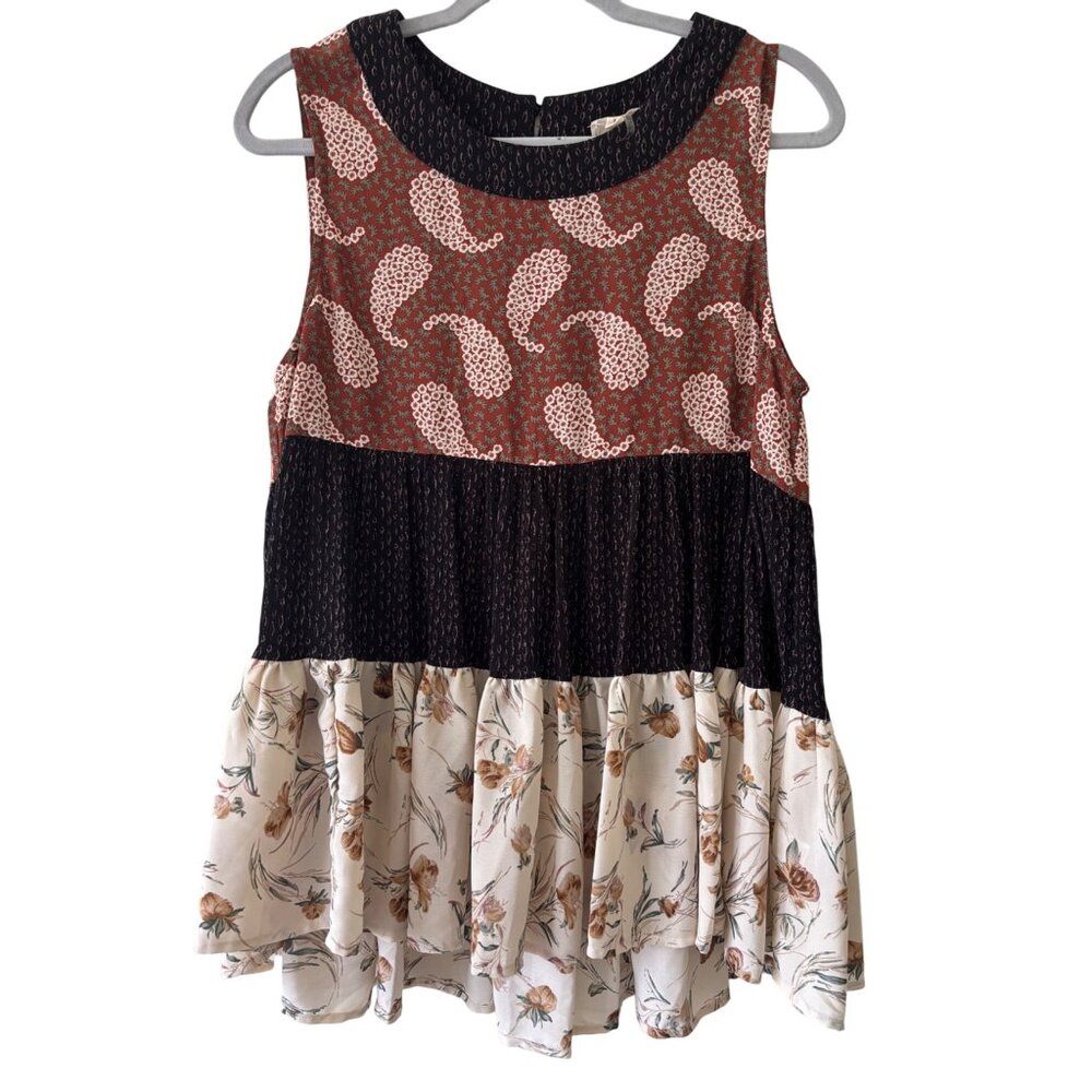entro Mixed-Print Sleeveless Tiered Peplum Top in Rust, Black, Cream